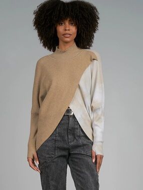 Elan Two Tone Camel Cream Asymmetrical Turtleneck Sweater Colorblock